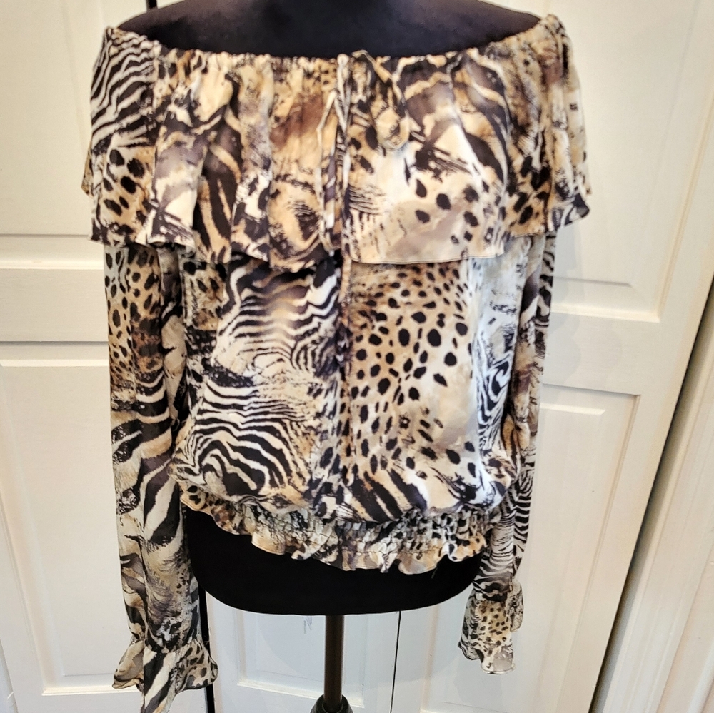 4/$19 Y2k Sheer Animal Print On/Off Shoulder Blouse Smocked Bottom Going Out - Picture 1 of 8